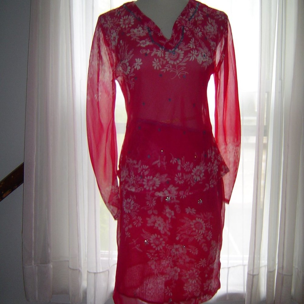 FASHION SPY PINK WHITE FLORAL CHIFFON SEQUIN TOP DRESS SKIRT SET M NWT